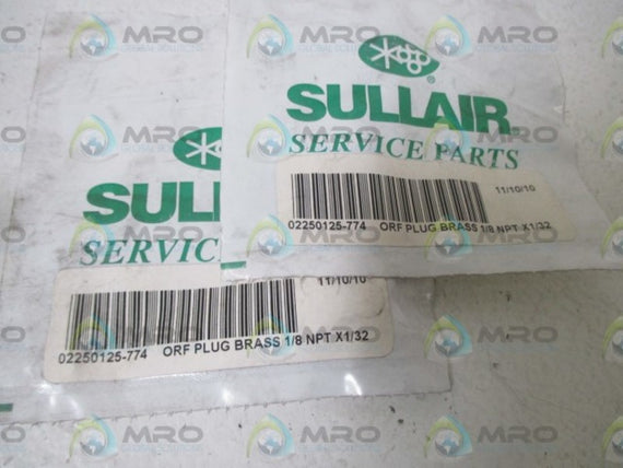 LOT OF 2 SULLAIR 02250125-774 PLUG BRASS 1/8 NPT X1/32 *NEW IN A FACTORY BAG*
