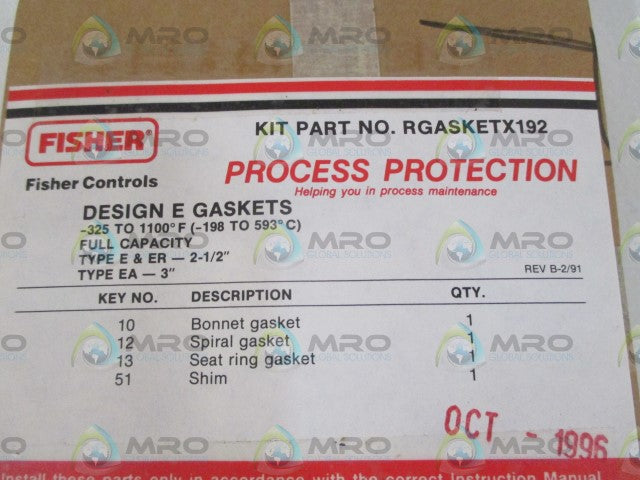 FISHER RGASKETX192 GASKET KIT * NEW IN ORIGINAL PACKAGE *
