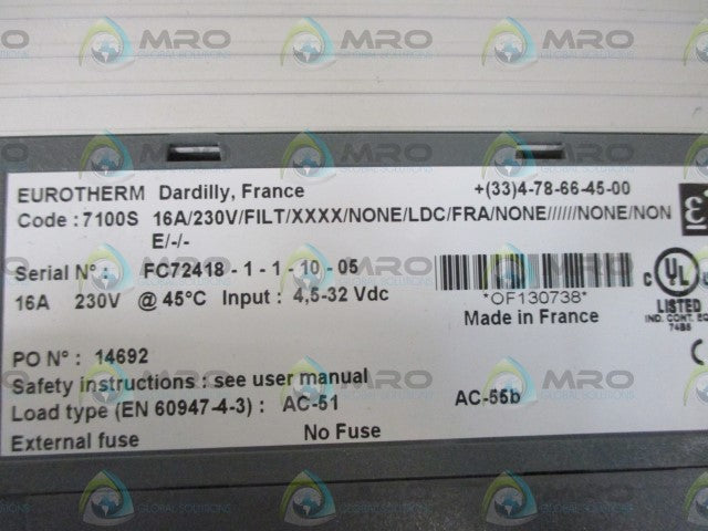 EUROTHERM 7100S-16A/230V/FILT/XXXX/NONE/LDC/FRA/NONE//////NONE/NON  *NEW NO BOX*