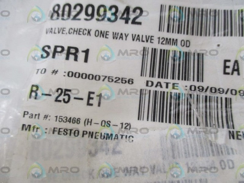 FESTO 153466 (H-QS-12) CHECK ONE WAY VALVE * NEW IN A BAG *