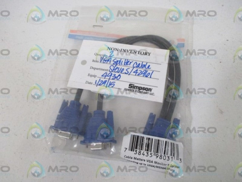 LOT OF 2 CABLE MATTERS ISO14000 VGA SPLITTER CABLE*NEW IN A FACTORY BAG*