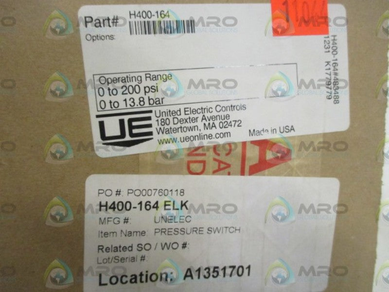 UNITED ELECTRIC H400-164 PRESSURE SWITCH * FACTORY SEALED *