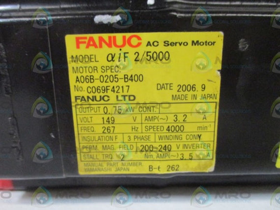 FANUC  A06B-0205-B400 AC SERVO MOTOR * USED *