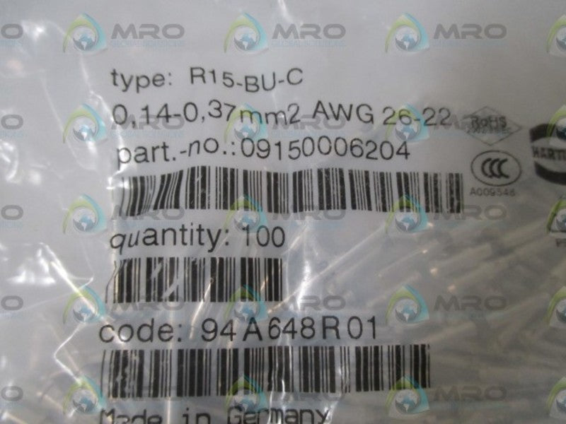 LOT OF 100 HARTING R15-BU-C PIN CONNECTOR *NEW IN A FACTORY BAG*