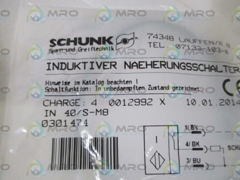 SCHUNK IN 40/S-M8 PROXIMITY SWITCH * NEW IN A FACTORY BAG *