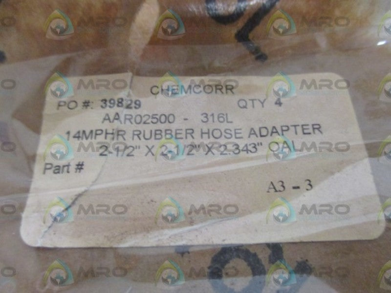 LOT OF 2 CHEMCORR AAR02500-316L RUBBER HOSE ADAPTER *ORIGINAL PACKAGE*