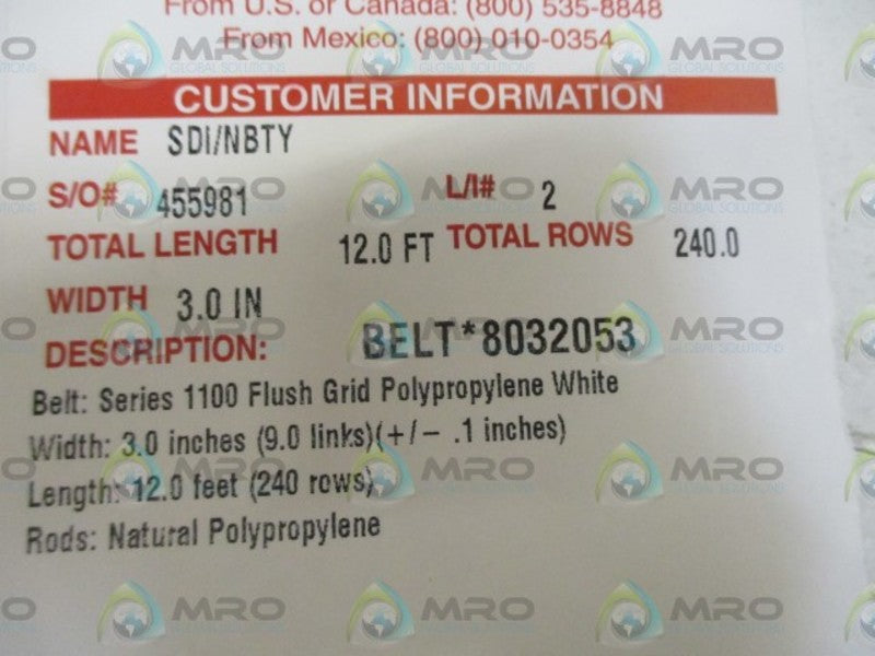 INTRALOX SERIES 1100 BELT LENGTH: 12.0FT. WIDTH 3.0 IN NSNP