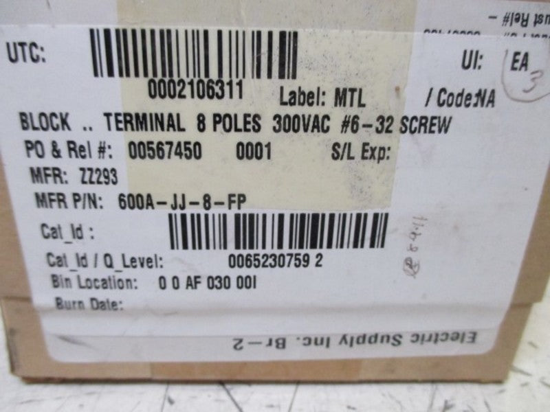 LOT OF 3  MARATHON 600A-JJ-8-FP TERMINAL 8 POLES NSMP