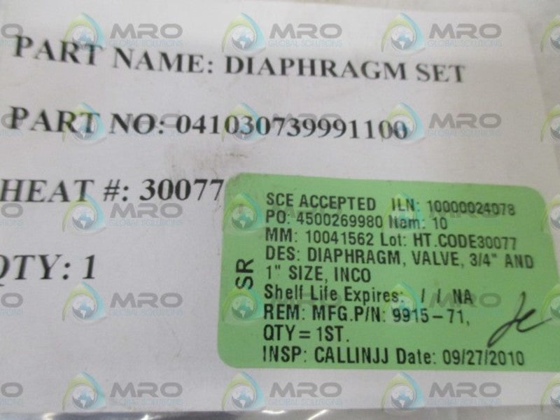 INDUSTRIAL MRO 041030739991100 DIAPHRAGM SET *NEW IN A BAG*