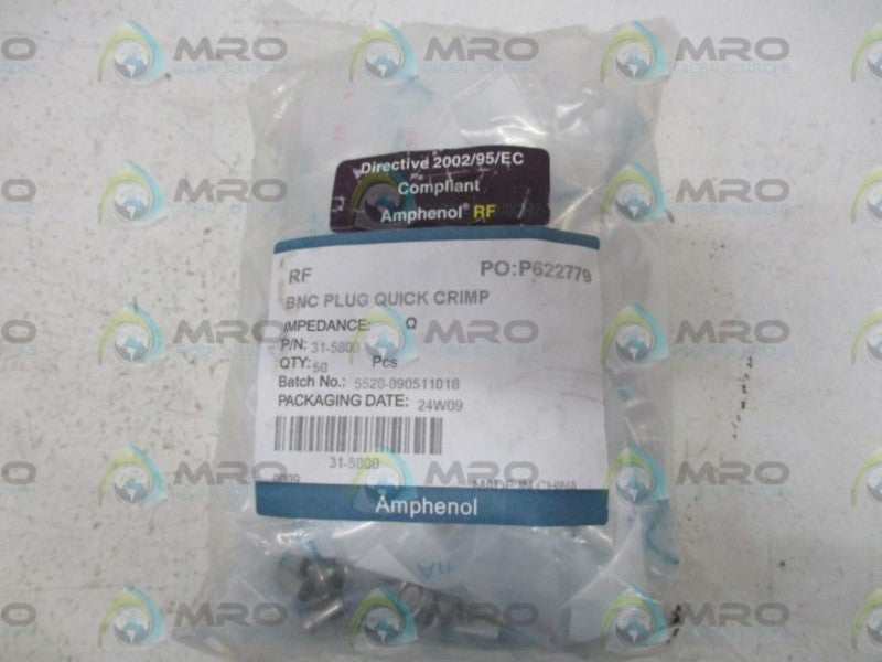 LOT OF 50 AMPHENOL 31-5800 BNC PLUG QUICK CRIMP NSNP IN A FACTORY BAG