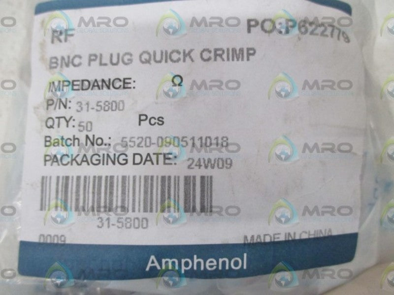 LOT OF 50 AMPHENOL 31-5800 BNC PLUG QUICK CRIMP NSNP IN A FACTORY BAG