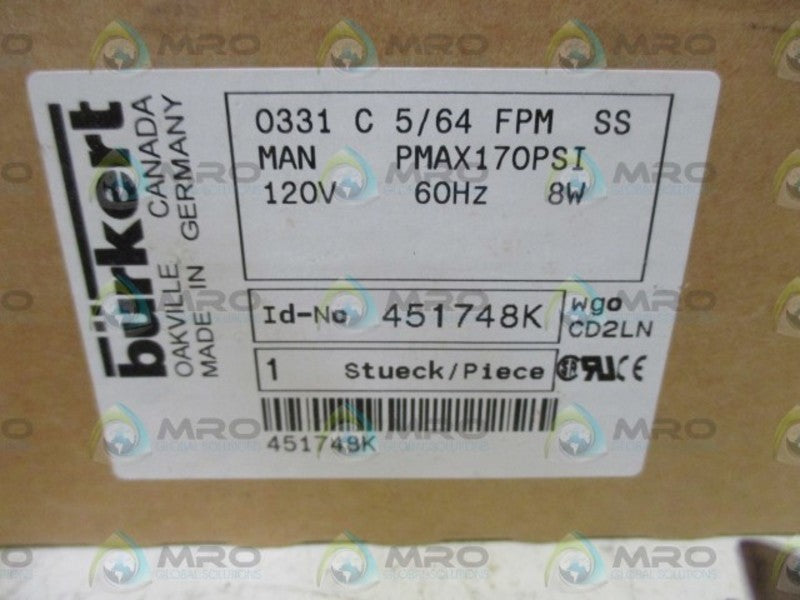 BURKERT 0331 C 5/64 FPM SS SOLENOID VALVE  NSMP