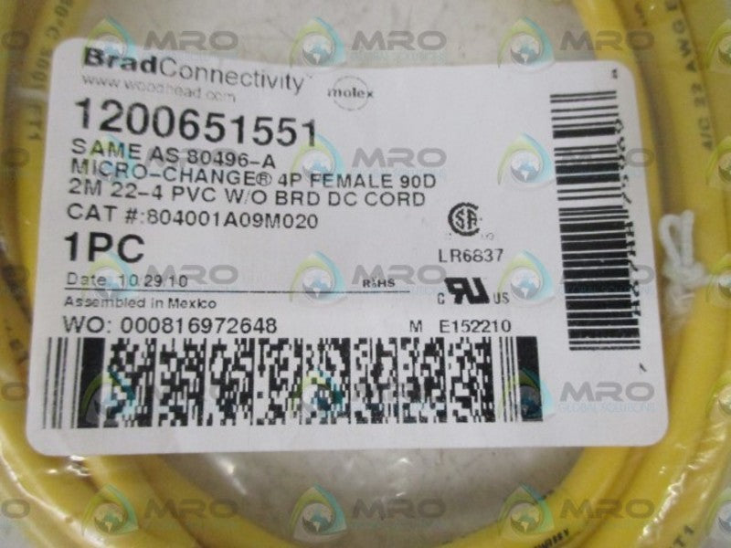 BRAD CONNECTIVITY 804001A09M020 4P CORDSET 1200651551 * NEW IN A FACTORY BAG *