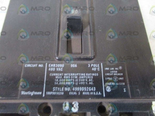 WESTINGHOUSE EHB3090 CIRCUIT BREAKER 90A  UNMP