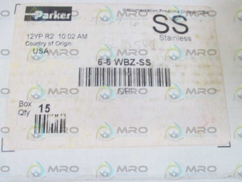 LOT OF 15 PARKER 6-6 WBZ-SS BULKHEAD UNION *NEW IN BOX*