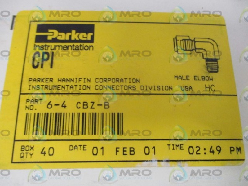 LOT OF 40 PARKER 6-4 CBZ-B MALE ELBOW *NEW IN BOX*