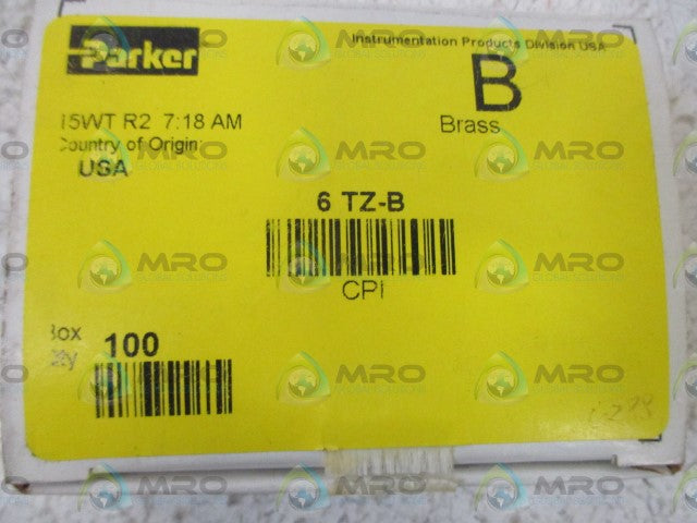 LOT OF 100 PARKER 6 TZ-B CPI-FITTING *NEW IN BOX*