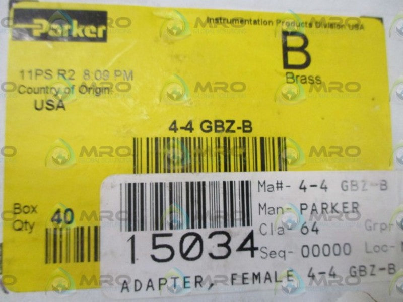 LOT OF 40 PARKER 4-4 GBZ-B BRASS FEMALE ADAPTER NSMP