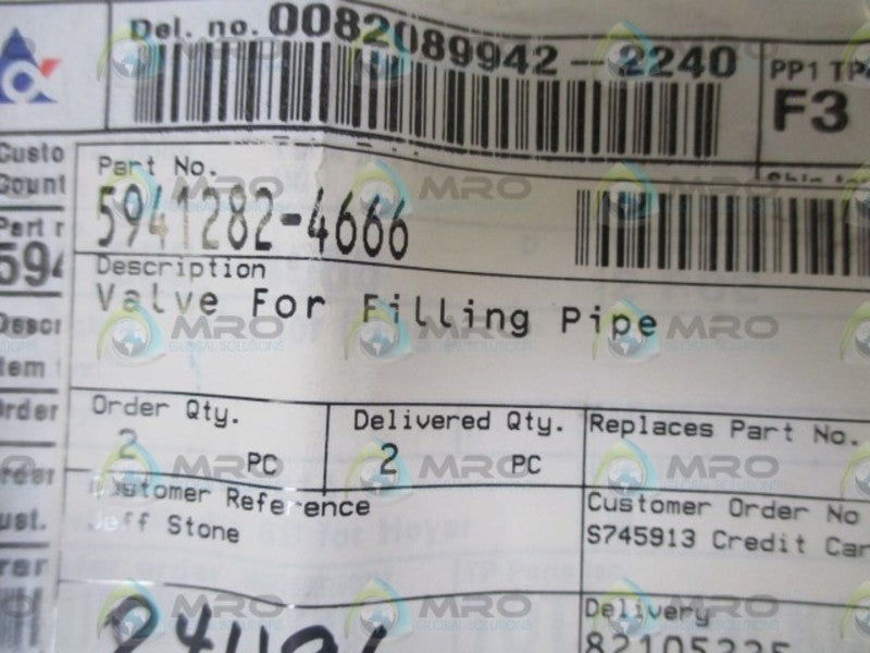 LOT OF 2 INDUSTRIAL MRO 5941282-4666 VALVE FOR FILLING PIPE*NEW IN A BAG*