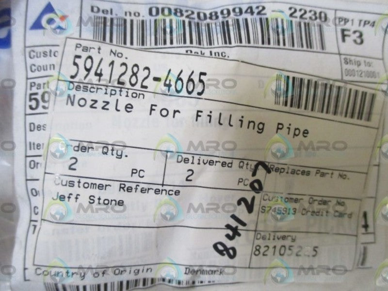 LOT OF 3 INDUSTRIAL MRO 5941282-4665 NOZZLE FOR FILLING PIPE*NEW IN A BAG*