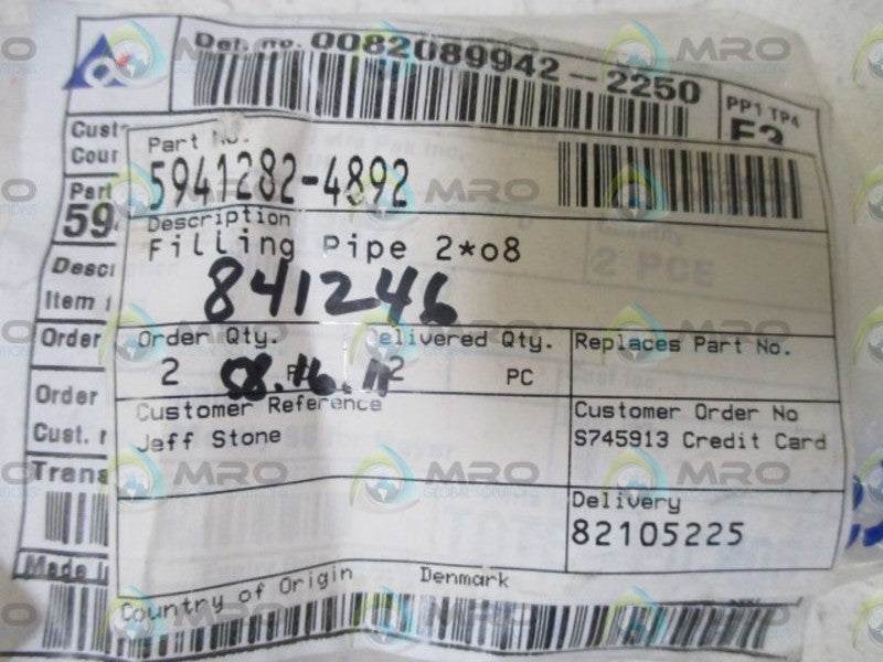 LOT OF 2 INDUSTRIAL MRO 5491282-4892 FILLING PIPE *NEW IN A BAG*