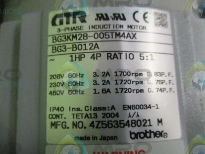 BROTHER BG3KM28-005TM4AX 3 PHASE INDUCTION MOTOR BBG3-B012A  NSNP