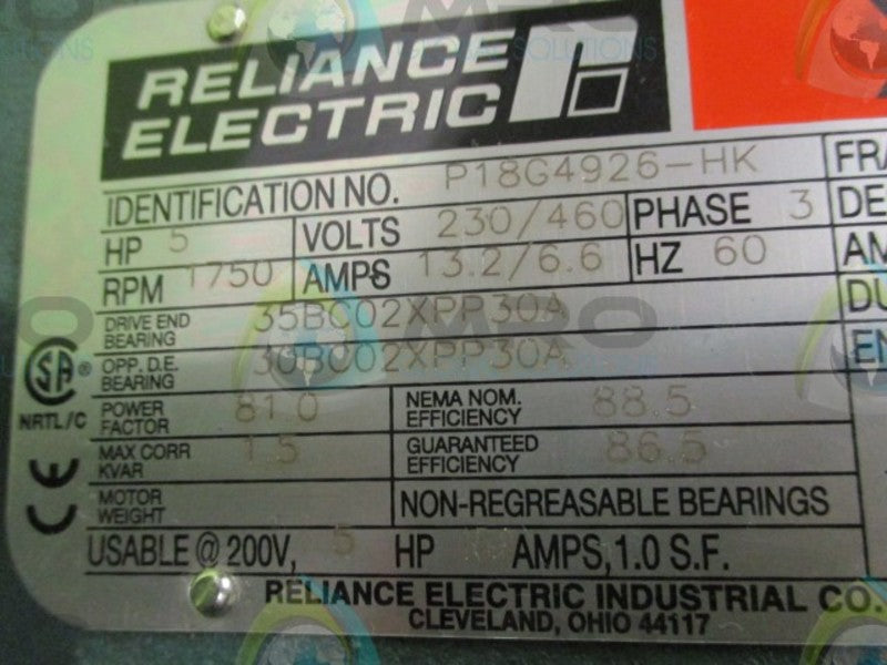 RELIANCE ELECTRIC P18G4926 ELECTRIC MOTOR TYPE P 5 HP 1750 RPM  NSMP