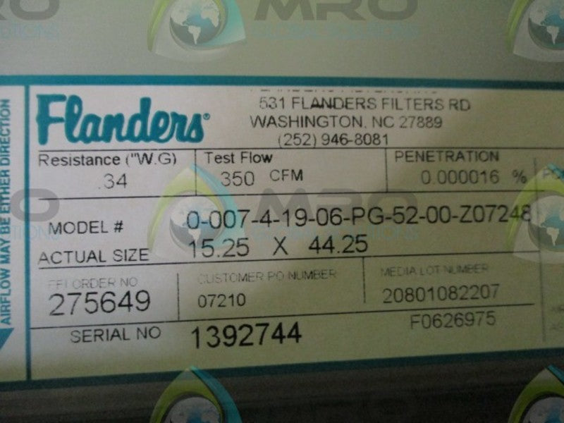 FLANDERS 0-007-4-19-06-PG-52-00-Z07248 FILTER 15.25 x 44.25  NSMP