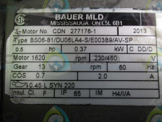 BAUER BS06-81/DU06LA4-S/E003B9/AV-SP GEAR MOTOR 0.5 HP 1620 RPM * NEW NO BOX *