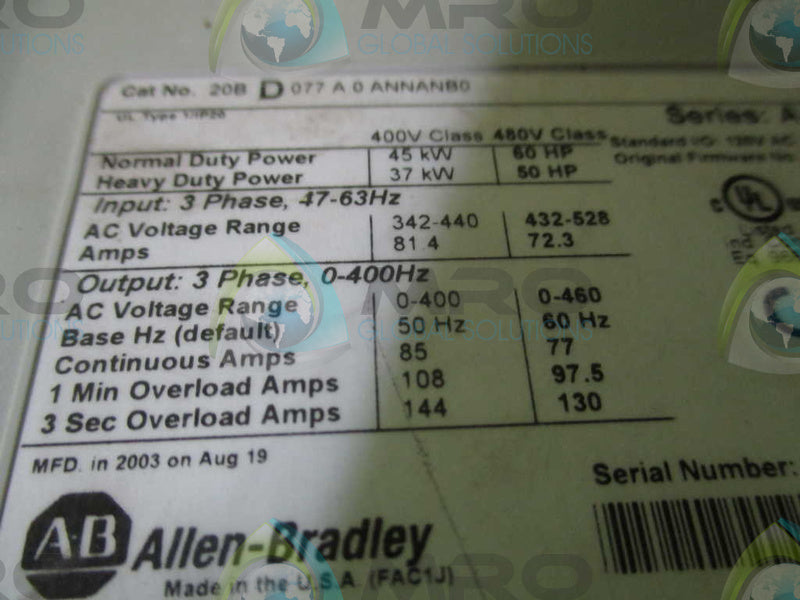 ALLEN BRADLEY POWERFLEX 700 20BD077A0ANNANB0 SER. A  UNMP