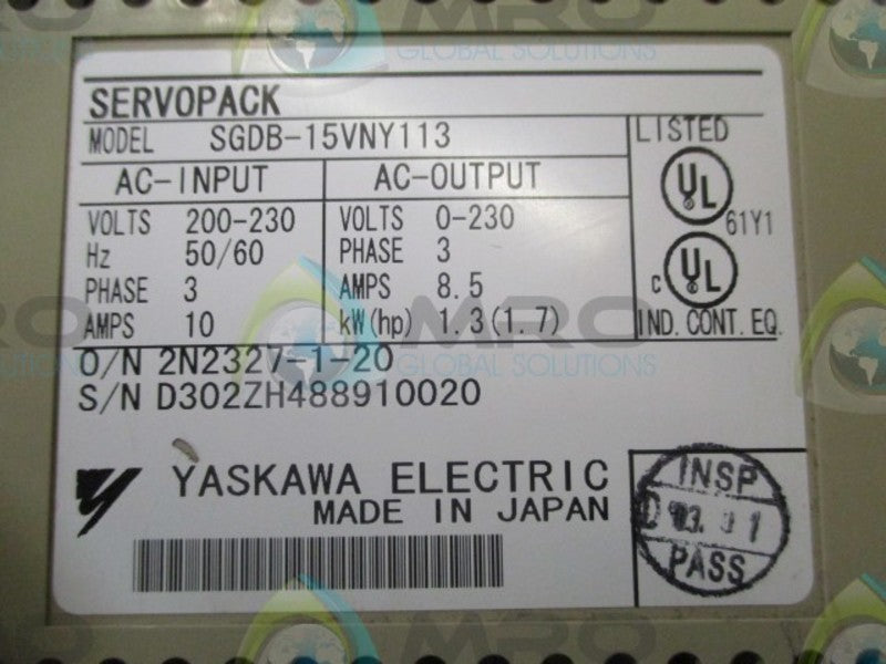 YASKAWA SGDB-15VNY113 SERVOPACK DRIVE  UNMP