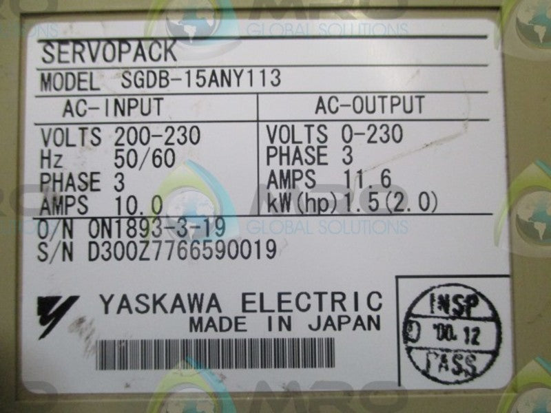 YASKAWA SGDB-15ANY113 SERVOPACK DRIVE  UNMP