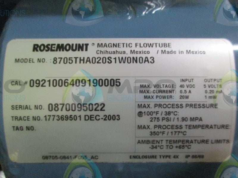 ROSEMOUNT 8705THA020S1W0N0A3 MAGNETIC FLOWTUBE  NSNP
