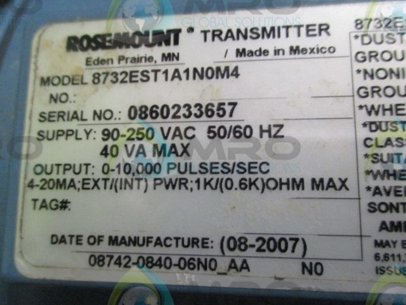 ROSEMOUNT 8732EST1A1N0M4 TRANMITTER w/ KEMA 07ATEX0073X  UNMP