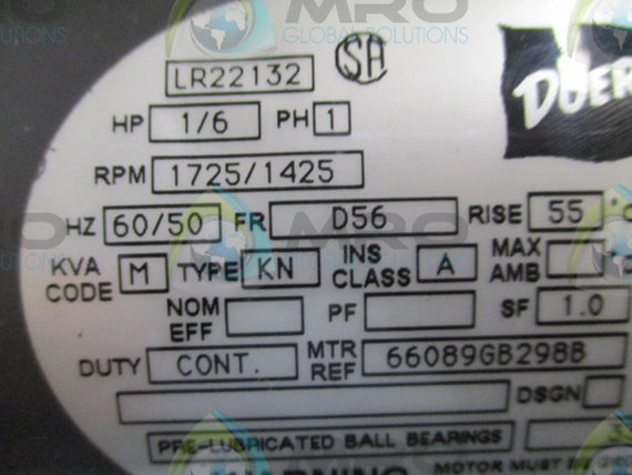 DOERR ELECTRIC LR22132 MOTOR 1/6 HP 1725/1425 RPM w/ CKG (AS PICTURED) * USED *