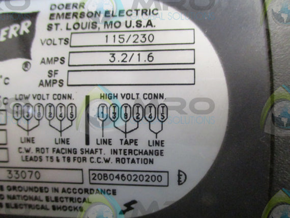 DOERR ELECTRIC LR22132 MOTOR 1/6 HP 1725/1425 RPM w/ CKG (AS PICTURED) * USED *