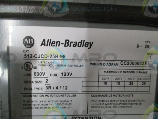 Allen Bradley 512-CJCD-25R-98 SER. 1 STARTER WITH DISCONNECT **GENUINE**