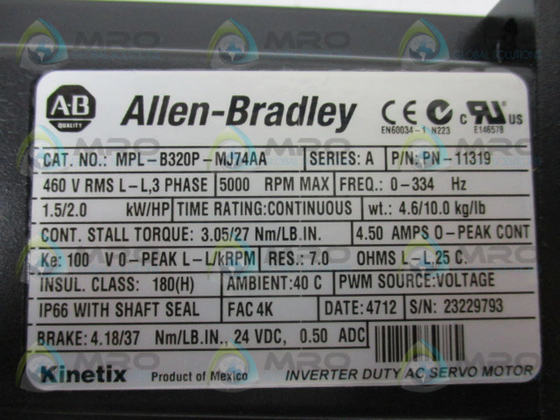 INDUSTRIAL SPARE PART MPL-B230P-MJ74AA SER. A SERVO MOTOR  NSMP