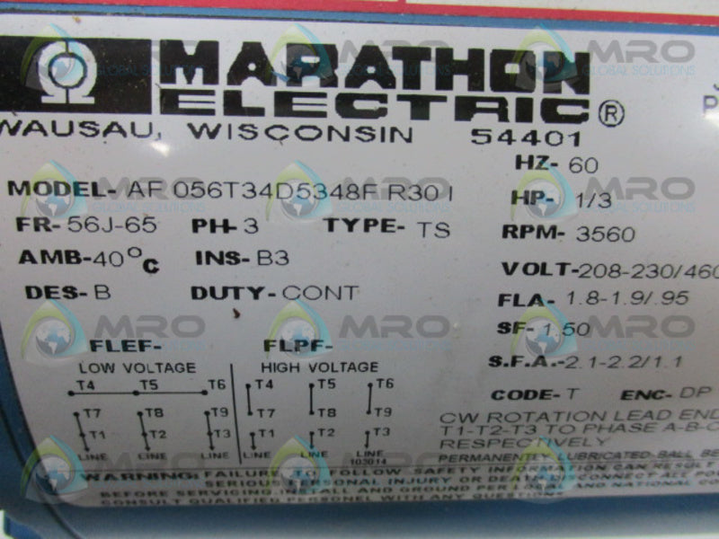 MARATHON ELECTRIC AF056T34D5348F R30 I MOTOR 1/3 HP 3560 RPM  NSNP