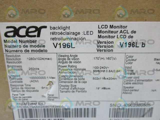 ACER V196L LCD MONITOR 19" * FACTORY SEALED *