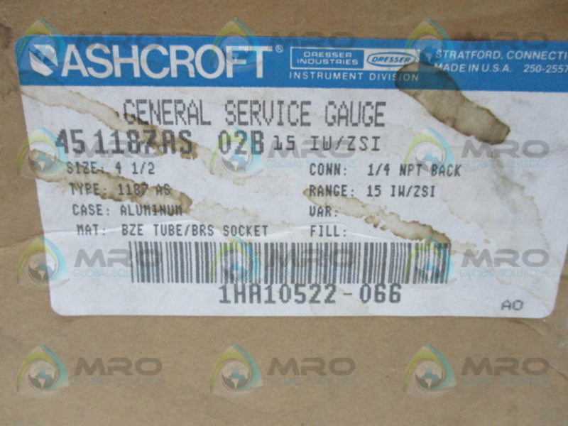 ASHCROFT 451187AS02B 15 IW/ZSI PRESSURE GAUGE  NSMP