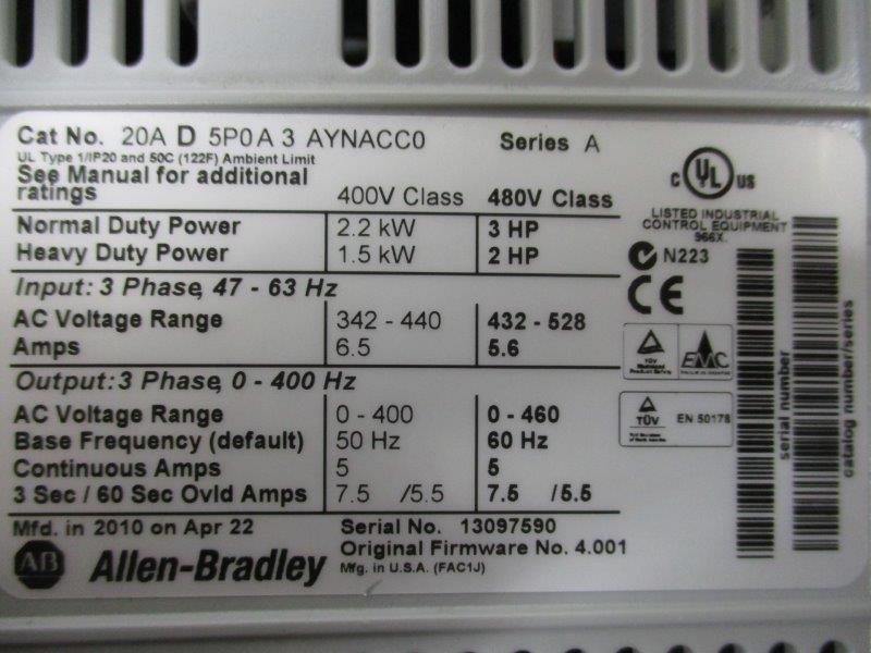 INDUSTRIAL SPARE PART 20AD5P0A3AYNACC0 AC DRIVE SER. A F/W 4.001  UNMP