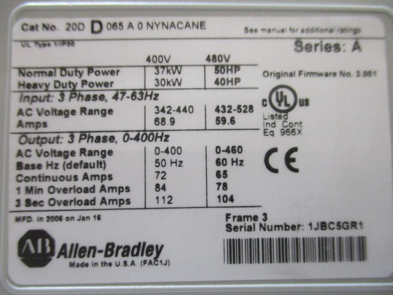 INDUSTRIAL SPARE PART 20DD065A0NYNACANE AC DRIVE SER. A F/W 3.001 (AS PICTURED)  UNMP