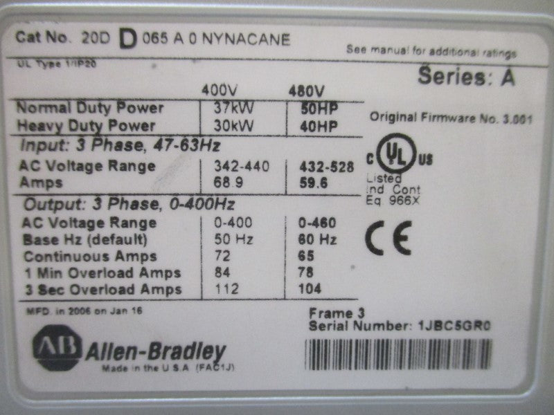 INDUSTRIAL SPARE PART 20DD065A0NYNACANE AC DRIVE SER. A F/W 3.001 (AS PICTURED)  UNMP