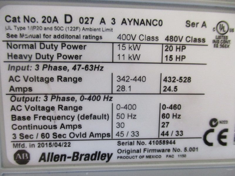 INDUSTRIAL SPARE PART 20AD027A3AYNANC0 AC DRIVE SER. A F/W 5.001  NSNP