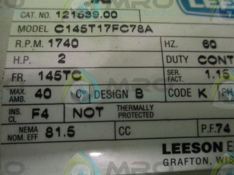 LEESON C145T17FC78A MOTOR 121539.00 (AS PICTURED-MISSING COVER)  UNMP