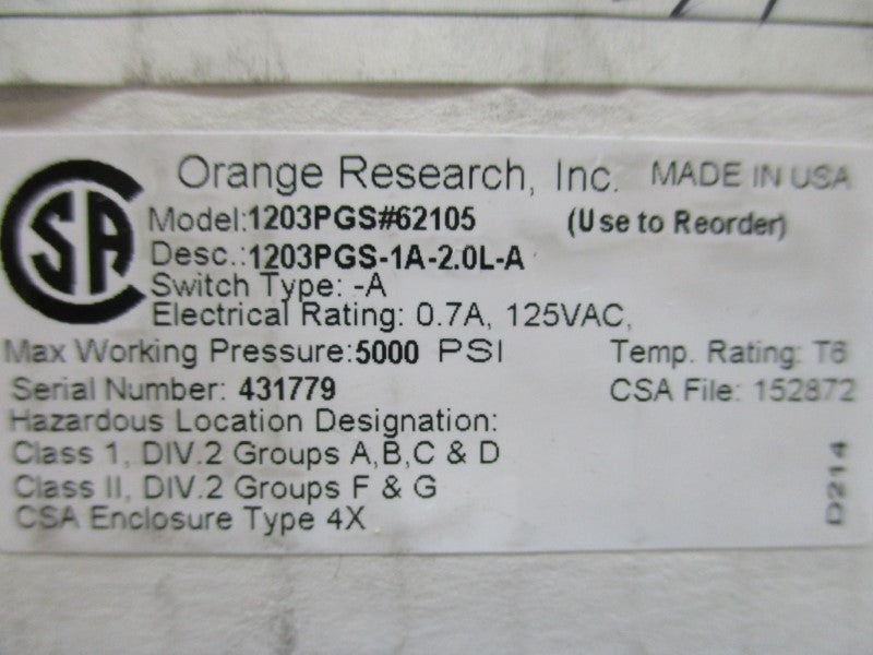ORANGE RESEARCH 1203PGS-1A-2.0L-A  NSMP