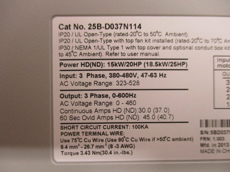 ALLEN BRADLEY 25B-D037N114 SER. A F/W 1.003 NSMP