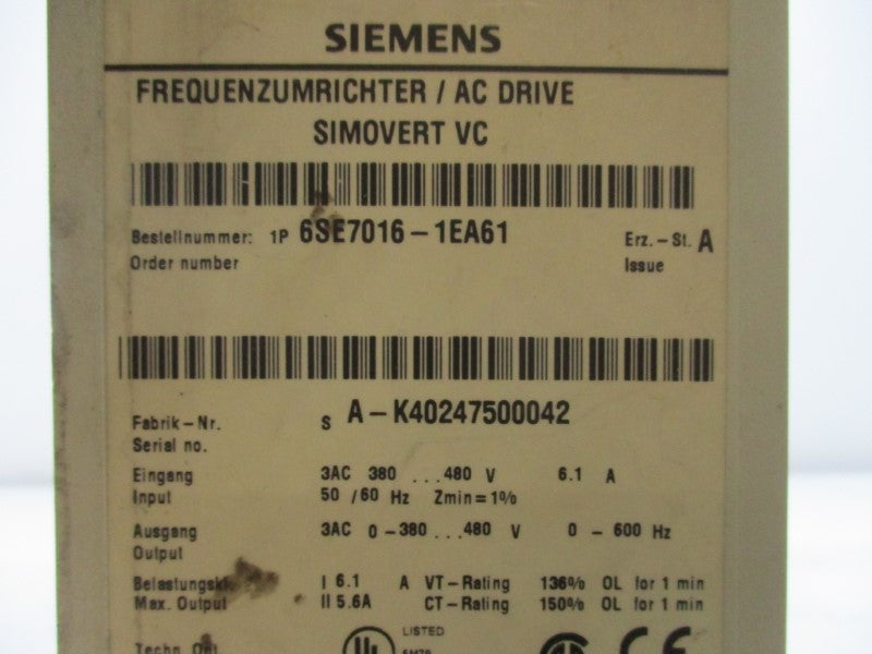 SIEMENS 6SE7016-1EA61 (AS PICTURED) UNMP