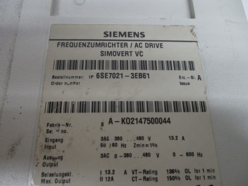 SIEMENS 6SE7021-3EB61 (AS PICTURED) UNMP